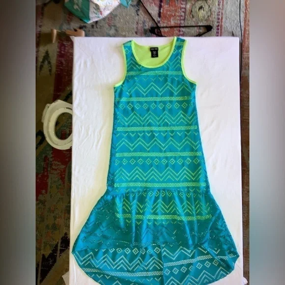 Paper Doll Girl Size 16 or W. Sm Teal Blue & Lime Layered Hi Low BEACH Dress - Picture 7 of 8